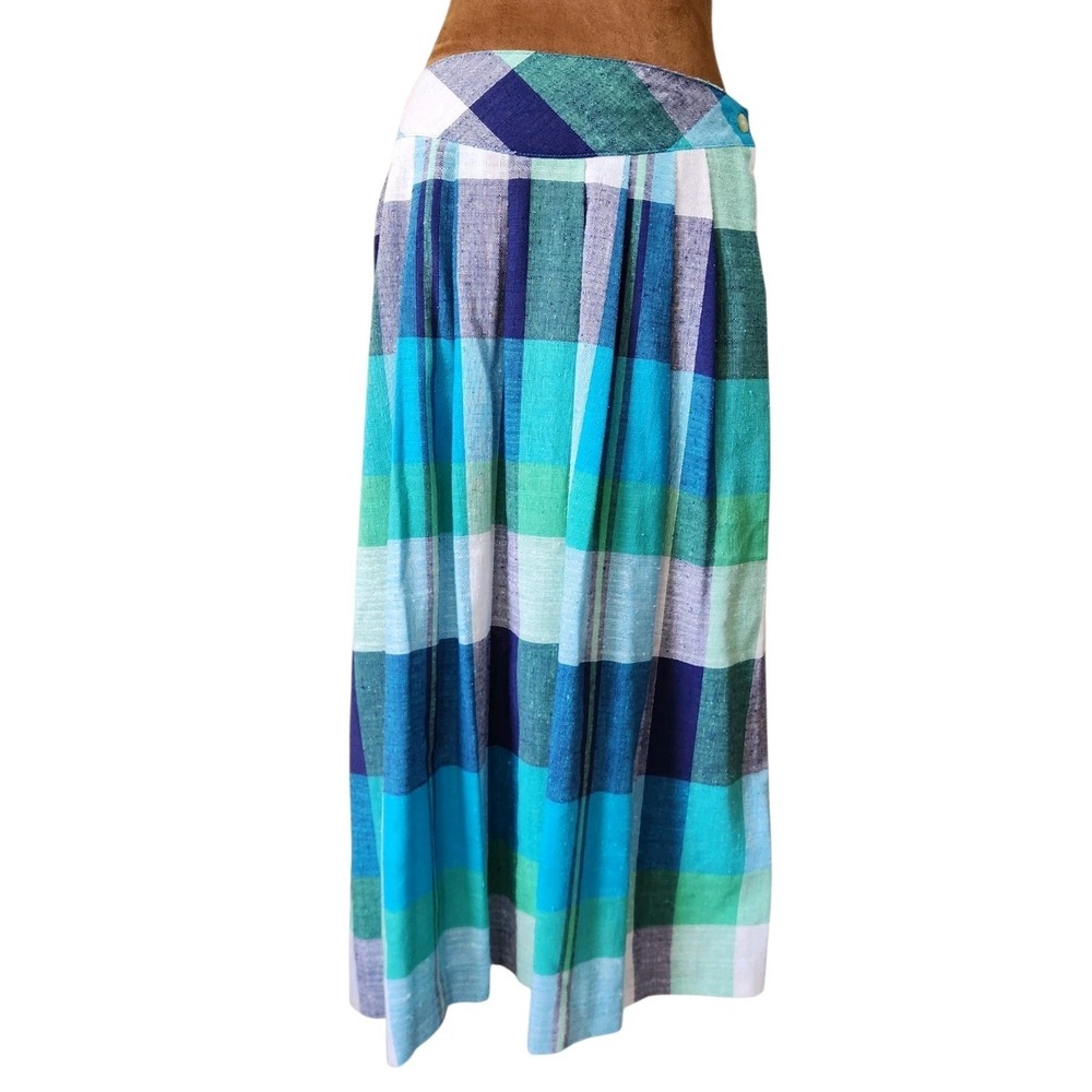 Vintage JBJ Plaid Midi Skirt Colorful Summer Blue Green 80s 90s Secretary L/XL